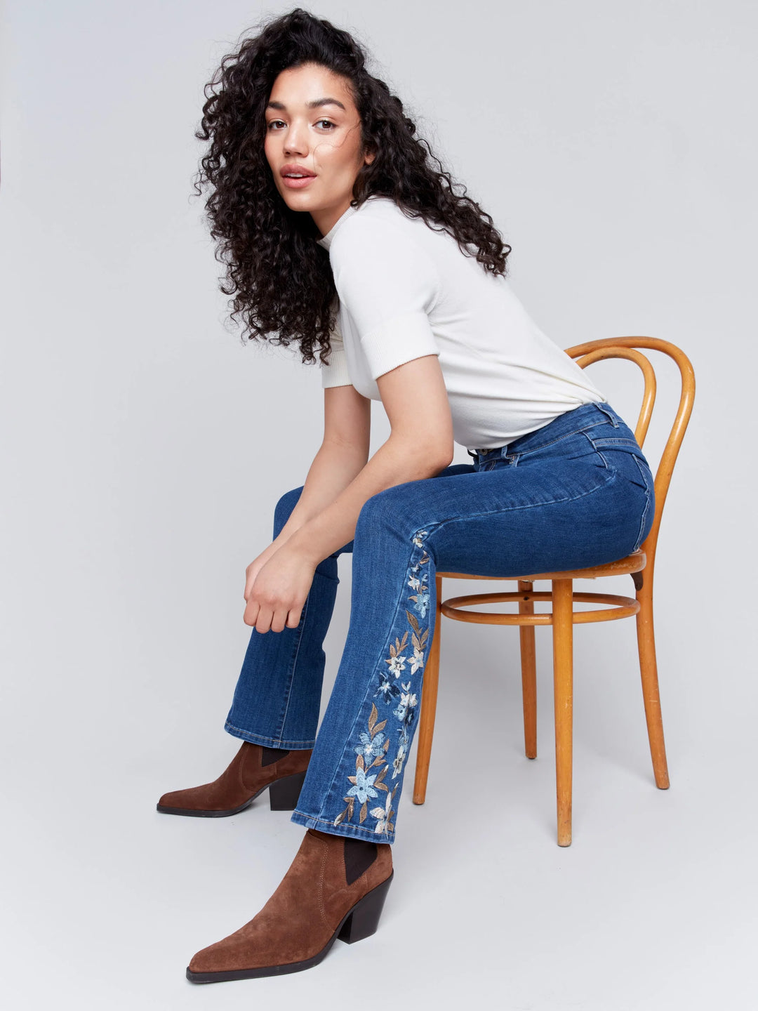 Bootcut Jeans with Floral Embroidery